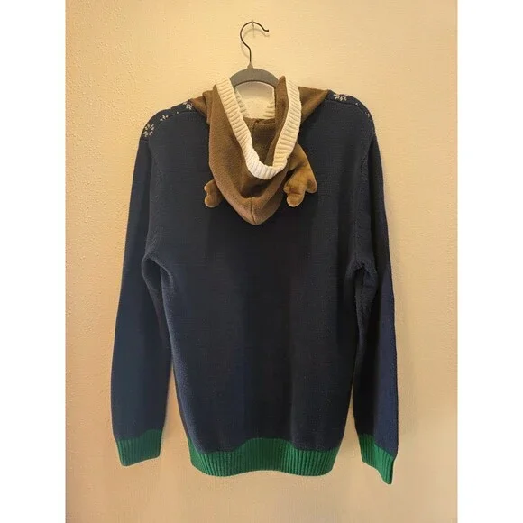 Ugly Christmas Sweater Deer Hooded Antler Mens Large Black Long Sleeve - Picture 4 of 9